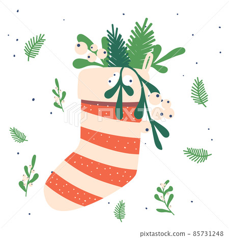 Striped Christmas Sock with Fir-Tree Branches Isolated on White Background. Winter Collection of Stockings, Xmas Element Striped Christmas Sock with Fir-Tree Branches Isolated on White Background. Winter Collection of Stockings, Xmas Element 85731248