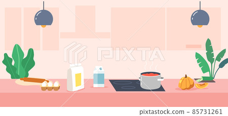 Modern Kitchen Empty Interior with Appliances and Furniture. Table, Oven, Range Hood and Utensil. Desk with Cooking Pan 85731261
