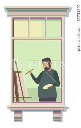 Window frame with man painting inside. Artist neighbor Window frame with man painting inside. Artist neighbor 85731292