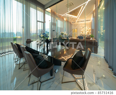 Modern community lounge service. Meeting room or co-working space area. Interior design decoration. 85731416