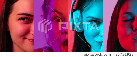 Collage of half-faced portraits of young woman with different facial expressions isolated over multicolored background in neon lights 85731925