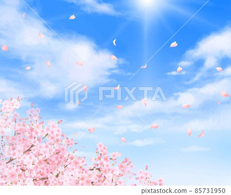Beautiful and gorgeous cherry blossoms and petals fluttering in the refreshing blue sky of spring Cloud frame background vector material illustration 85731950