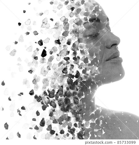 A profile portrait of a woman combined with black ink splashes. Paintography. 85733099