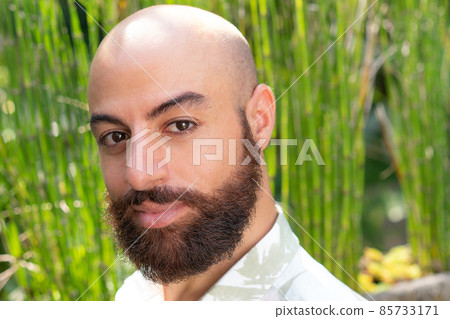 bearded man portrait against bamboo stems background bearded man portrait against bamboo stems background 85733171