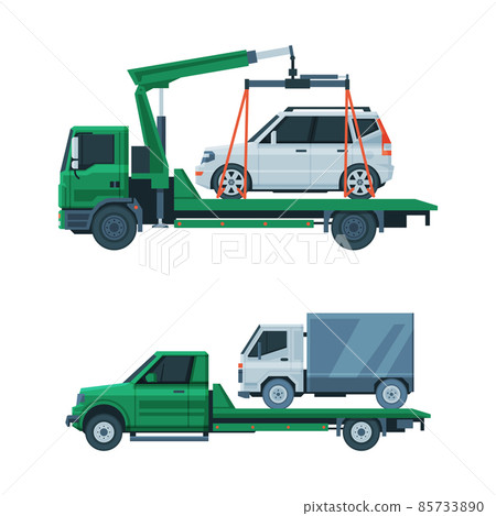 Tow Truck or Wrecker Moving Disabled or Impounded Motor Vehicle Vector Set 85733890