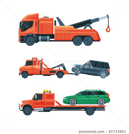Tow Truck or Wrecker Moving Disabled or Impounded Motor Vehicle Vector Set Tow Truck or Wrecker Moving Disabled or Impounded Motor Vehicle Vector Set 85733891