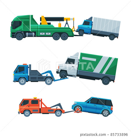 Tow Truck or Wrecker Moving Disabled or Impounded Motor Vehicle Vector Set 85733896