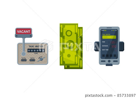 Cash Money and Taximeter as Device Installed in Taxicab for Calculating Passenger Fare Vector Set 85733897