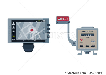 Navigation and Taximeter Device Installed in Taxicab for Calculating Passenger Fare and Showing Route Vector Set Navigation and Taximeter Device Installed in Taxicab for Calculating Passenger Fare and Showing Route Vector Set 85733898