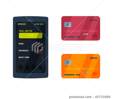 Plastic Card and Taximeter as Electronic Device Installed in Taxicab for Calculating Passenger Fare Vector Set Plastic Card and Taximeter as Electronic Device Installed in Taxicab for Calculating Passenger Fare Vector Set 85733899