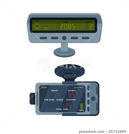 Taximeter as Electronic Device Installed in Taxicab for Calculating Passenger Fare Vector Set Taximeter as Electronic Device Installed in Taxicab for Calculating Passenger Fare Vector Set 85733904