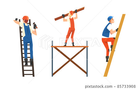 Man Builder Character in Orange Overall and Hard Hat on Scaffold and Climbing Ladder Building House Vector Set 85733908