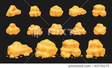 Set of isolated gold mine nuggets and rocks. Natural gems, golden mines elements. 3d gaming rocks, natural gemstones isolated on black. 85734275