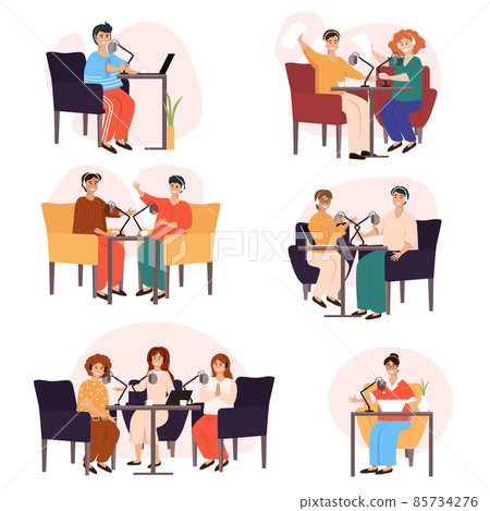 Internet radio podcast. Live streaming, broadcast flat vector illustration. Male and female social media network bloggers collaboration. Internet radio podcast. Live streaming, broadcast flat vector illustration. Male and female social media network bloggers collaboration. 85734276