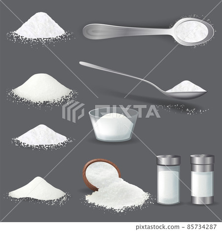 Realistic salt. Grains powder and piles of edible sea mineral crystals. Glass jar for spices. Ingredients for cooking concept. Vector illustration 85734287