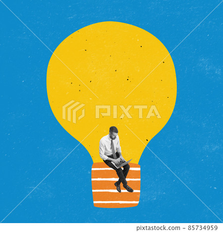 Young manager, finance analyst or clerk working at office isolated on light bulb background with dust effect. Contemporary collage Young manager, finance analyst or clerk working at office isolated on light bulb background with dust effect. Contemporary collage 85734959