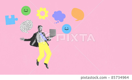 Excited stylish worker, businessman using laptop isolated on pink background with dust effect. Contemporary collage 85734964