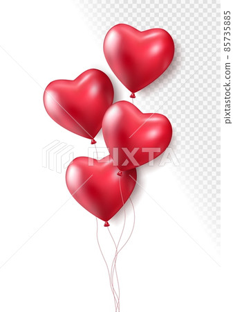 Realistic red 3d heart balloons isolated on transparent background. Air balloons for Birthday parties, celebrate anniversary, weddings festive season decorations. Helium vector balloon. Realistic red 3d heart balloons isolated on transparent background. Air balloons for Birthday parties, celebrate anniversary, weddings festive season decorations. Helium vector balloon. 85735885