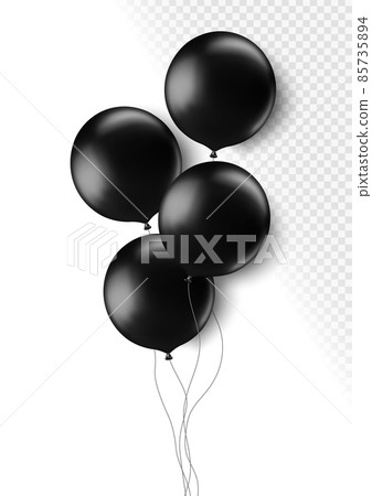 Realistic black 3d balloons isolated on transparent background. Air balloons for Birthday parties, celebrate anniversary, weddings festive season decorations. Helium vector round balloon. 85735894