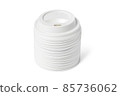 Plastic disposable top coffee cap lid isolated on white. Blank white disposable coffee cup lid mock up lying top view, 3d rendering. Empty drinking mug mock-up. Clear plain tea take away package. 85736062