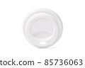 Plastic disposable top coffee cap lid isolated on white. Blank white disposable coffee cup lid mock up lying top view, 3d rendering. Empty drinking mug mock-up. Clear plain tea take away package. 85736063