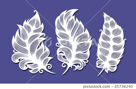 Set of three feathers. Light fluffy white feathers (quill, pen) on a blue background. Decorative element for plotter laser cutting of paper, metal engraving, wood carving, cnc. Vector illustration. 85736240