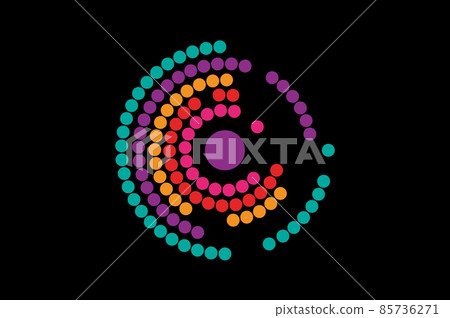 spinning circles vector logo. Abstract colorful dotted circles swirl image logo. Concept letter C, business, sport. Halftone dots Round labyrinth Icon sign isolated on black background spinning circles vector logo. Abstract colorful dotted circles swirl image logo. Concept letter C, business, sport. Halftone dots Round labyrinth Icon sign isolated on black background 85736271