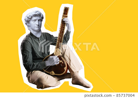 Modern art collage. Concept Gypsum head of David's Man with Sitar. Indian musical instrument 85737004