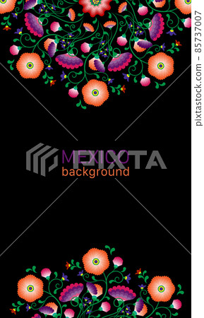 Embroidery native flowers folk pattern with Polish and Mexican influence. Trendy ethnic decorative traditional floral in symmetric design, for fashion, interior, stationery. Vector isolated on black Embroidery native flowers folk pattern with Polish and Mexican influence. Trendy ethnic decorative traditional floral in symmetric design, for fashion, interior, stationery. Vector isolated on black 85737007