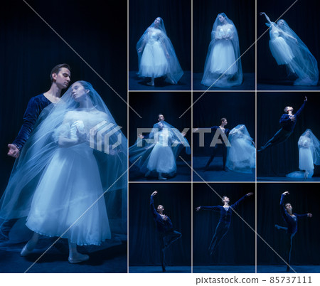 Collage of young beautiful woman and man, professional ballet dancers making performance isolated over dark background in neon Collage of young beautiful woman and man, professional ballet dancers making performance isolated over dark background in neon 85737111