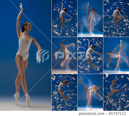 Collage of portraits of young tender ballerina, in character of white swan performing isolated over blue background Collage of portraits of young tender ballerina, in character of white swan performing isolated over blue background 85737112