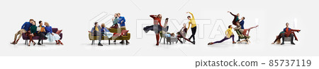 Creative collage. People in btight colorful cloth dancing ballet, sitting on coach isolated over gray background 85737119