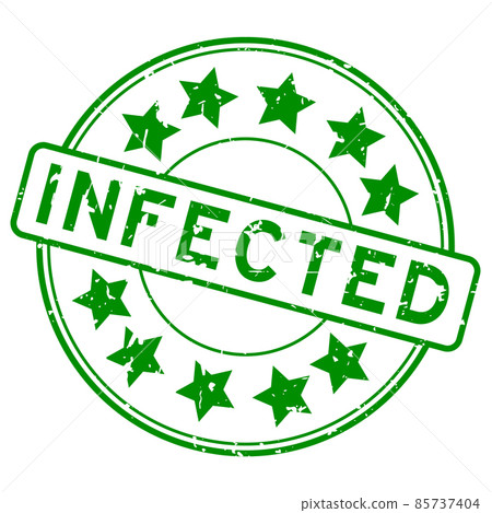Grunge green infected word with star icon round rubber seal stamp on white background 85737404