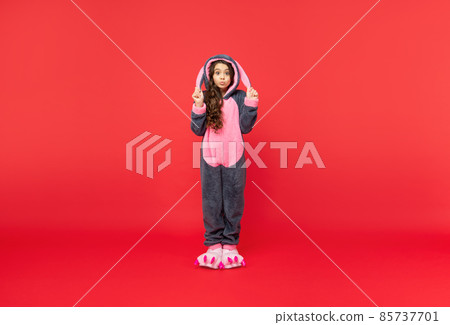 good morning. kid wear soft night suit. full length. funny child in cozy sleepwear. 85737701