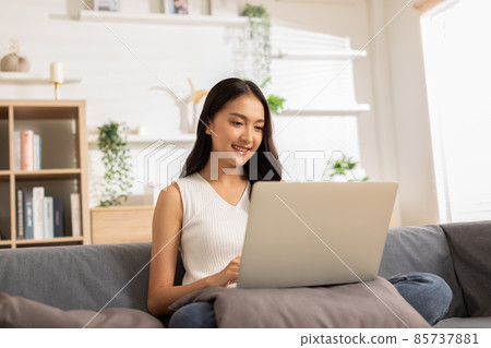 Entrepreneur beautiful business asian young woman wear casual work online with laptop at home.Freelance woman working online sale marketing,Shopping online at home.Small Business Startup concept 85737881