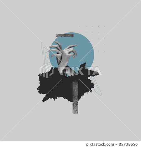 Artwork. Contemporary art collage. Aesthetic of hands. Trendy pastel colors. Copyspace for your ad or text. Surreal conceptual poster. 85738650