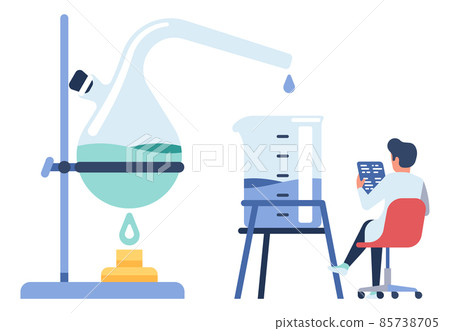 Chemical experiment. Heating blue liquid in laboratory glass 85738705