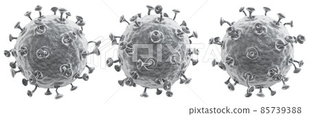 COVID-19 . Set of corona virus with high detail textured and glycoprotein spike . Different view . White isolated background . Black and white color . 3D rendering . 85739388