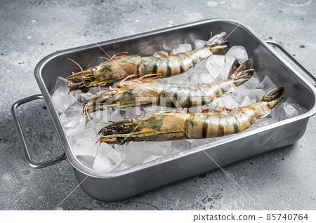 Raw Black tiger prawns shrimps on ice. Seafood. Gray background. Top view Raw Black tiger prawns shrimps on ice. Seafood. Gray background. Top view 85740764