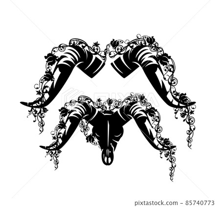 goat or ram skull and horns among rose flowers black vector outline 85740773