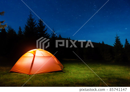 Illuminated tent in night forest 85741147