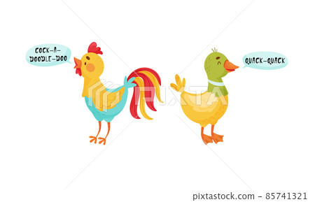 Cute rooster and goose birds making sounds set cartoon vector illustration 85741321