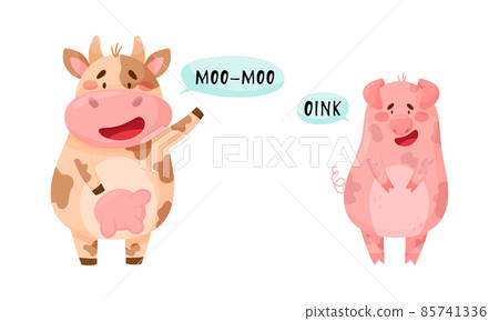 Cute baby animals making sounds set. Cow and pig saying moo and oink cartoon vector illustration 85741336