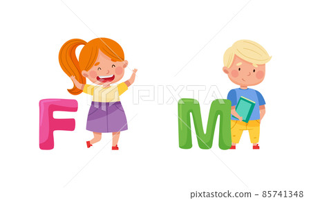 Cute kids with English alphabet letters. Boy and girl and F, M letters cartoon vector illustration Cute kids with English alphabet letters. Boy and girl and F, M letters cartoon vector illustration 85741348