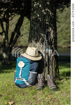 Backpack of a pilgrim leaning against a tree with a hat, trekking boots and poles in a wooded area. Camino de Santiago concept Backpack of a pilgrim leaning against a tree with a hat, trekking boots and poles in a wooded area. Camino de Santiago concept 85741606