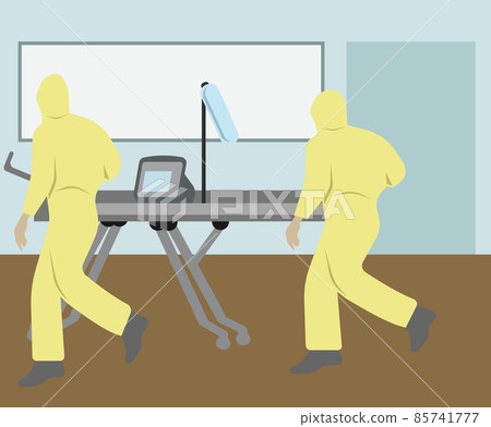 Doctors in protective suits run to the patient. Doctors in protective suits run to the patient. 85741777