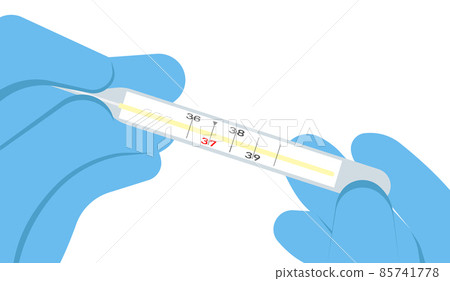 Hands in medical gloves hold a medical thermometer. Hands in medical gloves hold a medical thermometer. 85741778