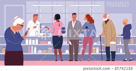 People queue at the pharmacy. A courteous pharmacist serves customers. People hold recipes in their hands. Old woman examines the drug after purchasing. Colored vector illustration in flat  85742188