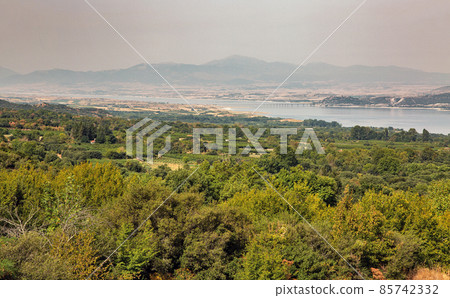 Polyfytos artificial lake morning in Greece. Polyfytos artificial lake morning in Greece. 85742332