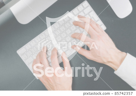 Data security. Computer Data Internet protection symbol on blured keyboard background. Business, technology, internet and networking security concept. 85742357